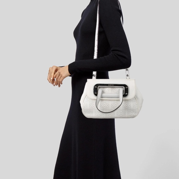 Loewe Vintage Leather Trim Anagram Shoulder Bag White Top Handle Women’s Purse - Picture 4 of 8